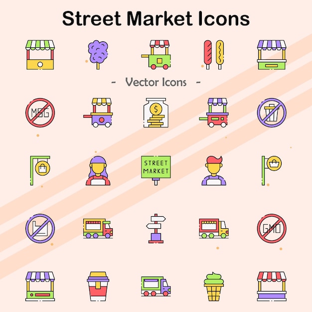 Iconos que representan mercados callejeros y vendedores locales