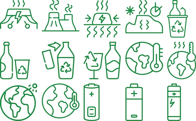 Iconos que representan el reciclaje ambiental, el cambio climático y las fuentes de energía