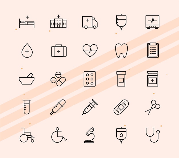 Iconos que representan servicios de salud y atención, incluidos elementos de bienestar médico y atención médica