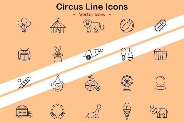 Iconos que representan temas de circo y entretenimiento en un estilo de línea