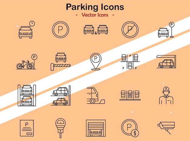 Iconos que representan temas de estacionamiento y transporte en estilo vectorial