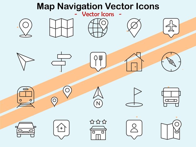 Iconos que representan temas de navegación y dirección en el mapa en estilo vectorial