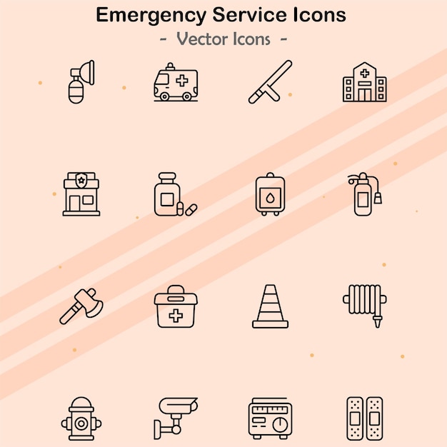 Iconos que representan varios aspectos de los servicios de emergencia y rescate