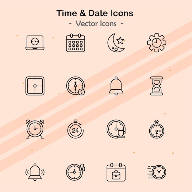 Iconos que representan varios temas relacionados con la gestión de la hora y la fecha
