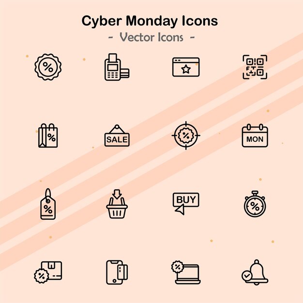 Iconos que representan las ventas del Cyber Monday y las compras en línea