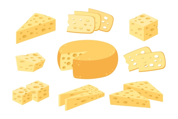 Iconos de queso conjunto Rueda de queso suizo y rebanadas Queso y pedazos de quiso Alimentos lácteos