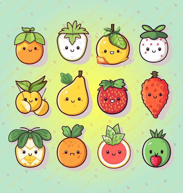 Vector iconos raiguma hambrientos de frutas estilo anime combo 3