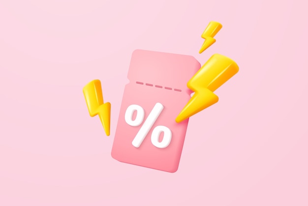 Iconos de rayo 3D con cupón para ventas y compras en línea cupón de descuento de dinero en efectivo relámpago en el tiempo aviso de alerta oferta especial promoción etiquetas de precios 3D icono vector render ilustración