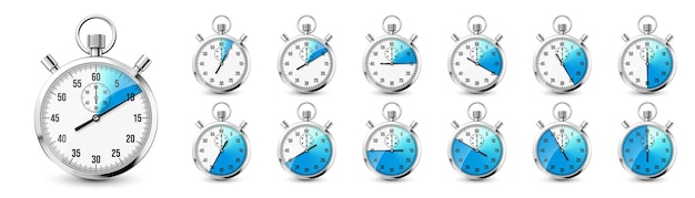 Iconos realistas de cronómetro clásico contador de tiempo de cronómetro metálico brillante con cuenta atrás de dial azul