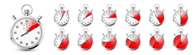 Iconos realistas de cronómetro clásico cronómetro de metal brillante contador de tiempo con contador de cuenta atrás rojo
