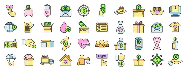 Los iconos de recaudación de fondos establecen una línea de color vectorial