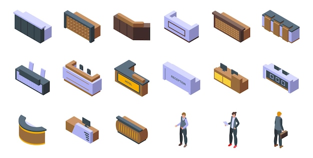 Los iconos de la recepción del hotel establecen el vestíbulo del escritorio del vector isométrico