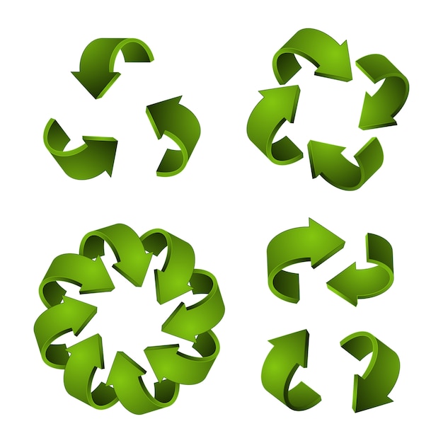 Vector iconos de reciclaje 3d. flechas verdes, símbolos de reciclaje aislados sobre fondo blanco