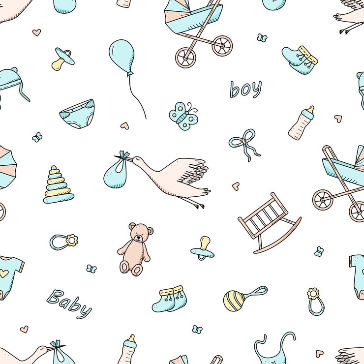 Iconos recién nacidos de patrones sin fisuras establecidos para un bebé Ilustración vectorial de elementos para un pequeño cochecito de bebé sonajeros de trabajo y oso de peluche y mucho más