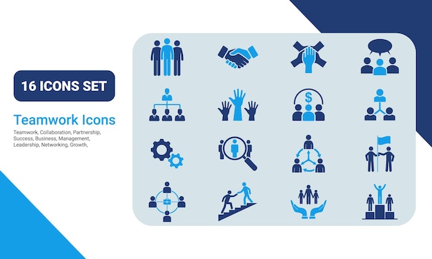 Iconos de recursos humanos Establezca el trabajo en equipo, el liderazgo, la colaboración, el crecimiento profesional, los iconos de vectores sólidos.