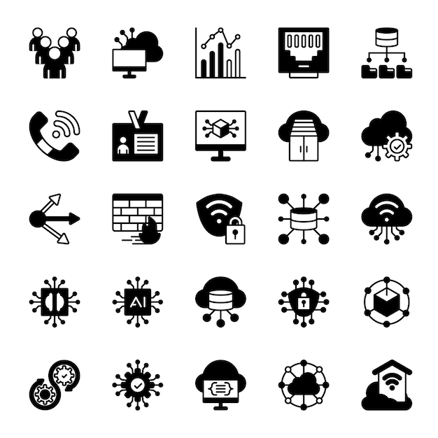 Los iconos de la red de computación en la nube se establecen en estilo glifo
