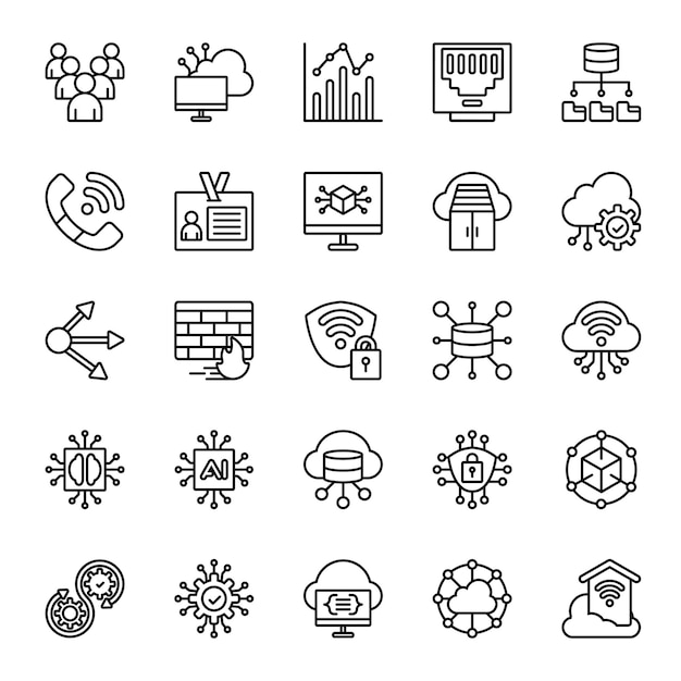 Los iconos de la red de computación en la nube se establecen en estilo de línea
