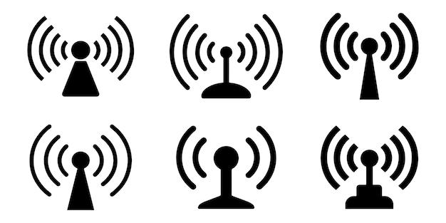 Iconos de red inalámbrica aislados en fondo blanco silueta del conjunto de iconos de la antena