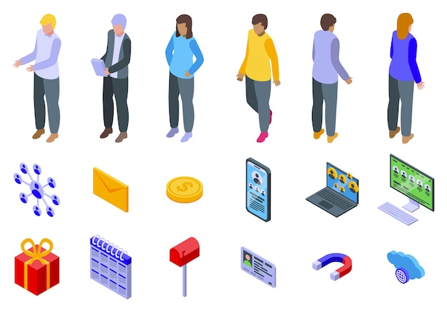 Iconos de red de referencia establecidos Iconos isométricos de conexión en línea y gestión de relaciones con los clientes