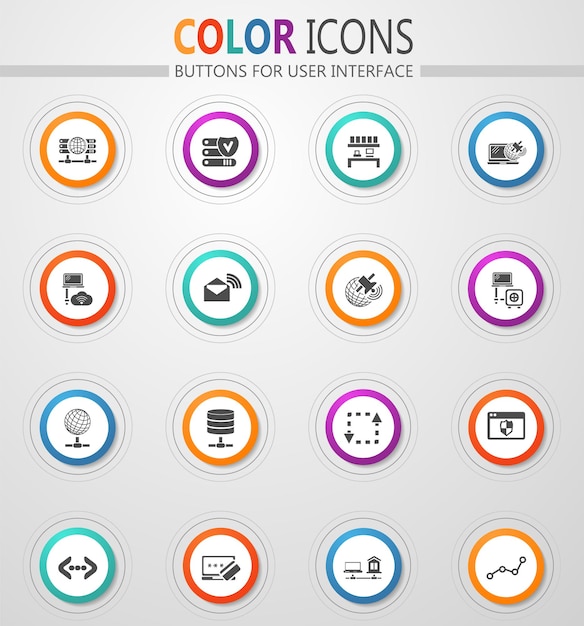 Iconos de red de servidor de Internet en botones blancos redondos con trazos de color