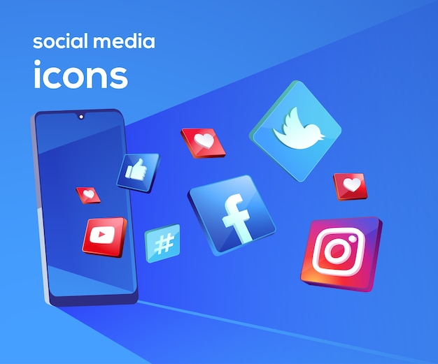 Iconos de redes sociales 3D con símbolo de teléfono inteligente