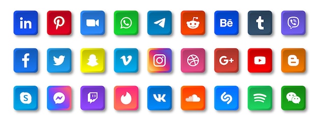 iconos de redes sociales en botones cuadrados con logotipos de esquinas redondas