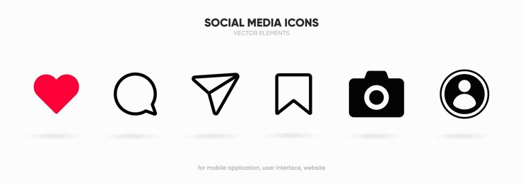 Vector iconos de redes sociales como corazón adelante marcador perfil iconos de cámara comentar compartir y guardar