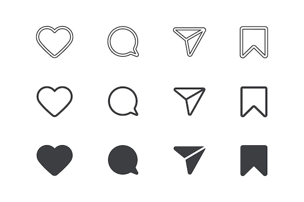 Iconos de las redes sociales Como el mensaje del corazón enviar compartir reenviar marcador pin signos símbolos