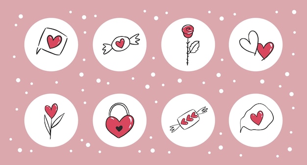 Íconos de redes sociales con corazones para el día de san valentín