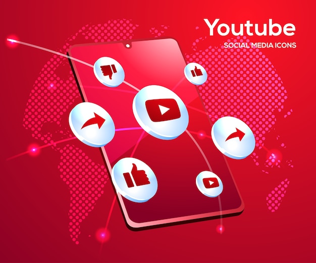 Iconos de redes sociales de youtube con símbolo de teléfono inteligente