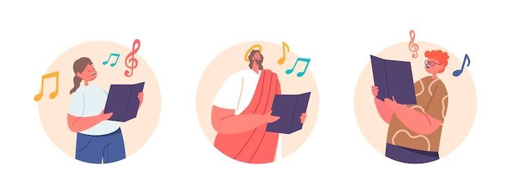 Vector iconos redondos aislados jesús y los niños cantan corales sosteniendo notas en sus manos melodías alegres llenan el aire