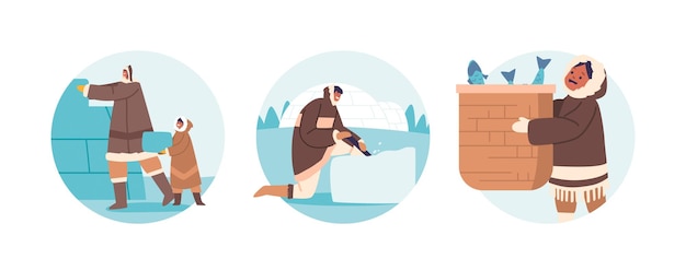 Vector iconos redondos aislados o avatares de personajes esquimales construyen iglús usando bloques de nieve para crear refugio y pescar en las duras condiciones árticas medio ambiente personas de dibujos animados ilustración vectorial