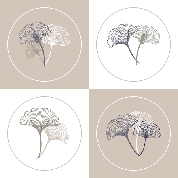 Iconos redondos con hojas de ginkgo biloba, set, colores pastel. Plantillas de redes sociales, vector