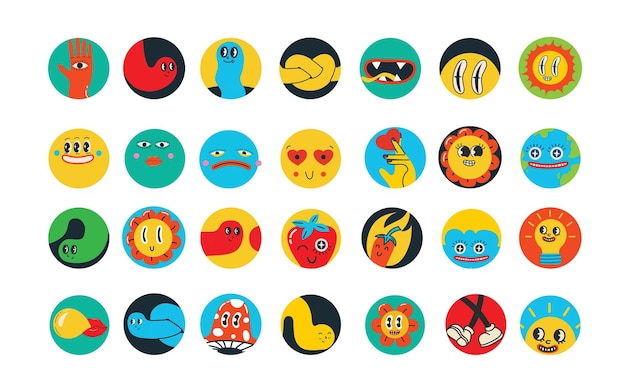 Iconos redondos modernos y geniales para pegatinas de historias de redes sociales conjunto Estilo de dibujos animados retro con elementos aislados de estética de los años 70 y 60 Conjunto de ilustraciones vectoriales vintage