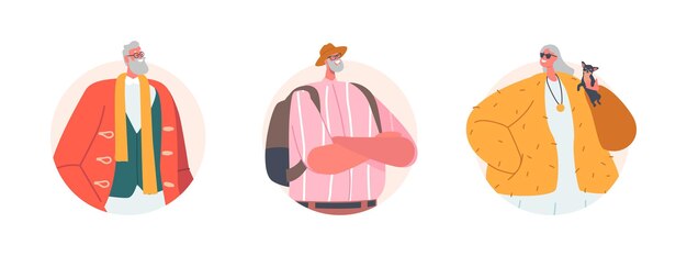 Iconos redondos de personas mayores de moda o avatares personajes masculinos y femeninos de edad avanzada usan ropa de moda aislada sobre fondo blanco elegantes hombres o mujeres mayores pensionistas ilustración vectorial de dibujos animados