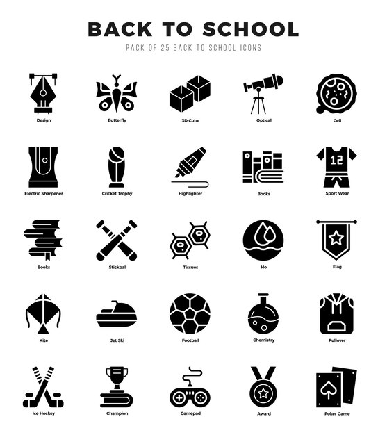 Iconos de regreso a la escuela paquete de ilustraciones vectoriales de estilo glifo