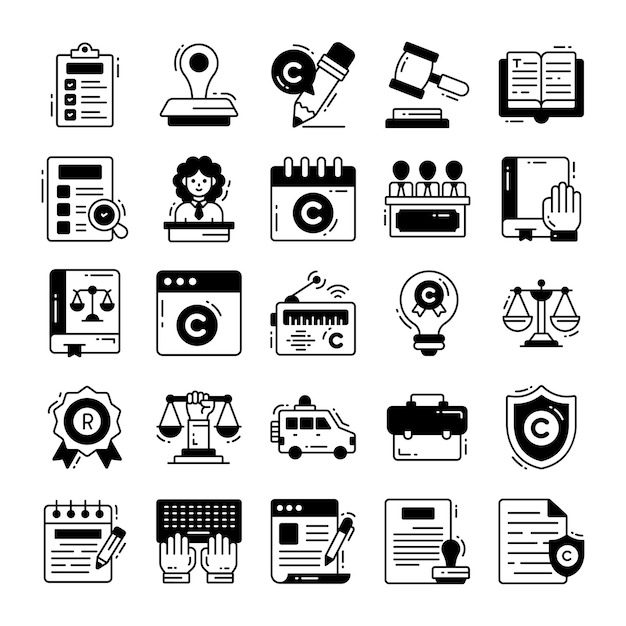Iconos de regulación de derechos de autor Ley y regulación legal Cumplimiento legal Documento de protección de acuerdos