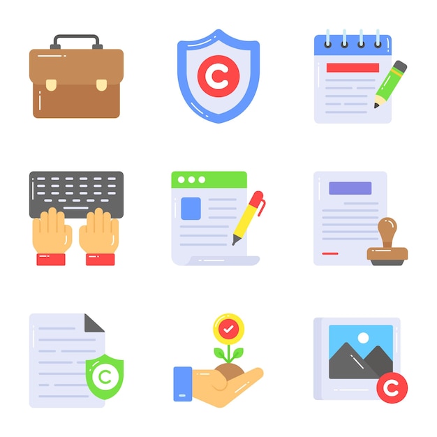 Iconos de regulación de derechos de autor Ley y regulación legal Cumplimiento legal Documento de protección de acuerdos