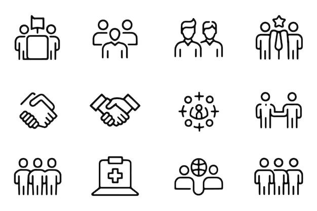Los iconos relacionados con la asociación se establecen aislados en una ilustración vectorial plana de fondo blanco
