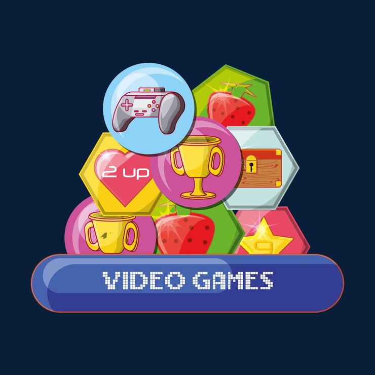 Vector iconos relacionados del concepto de videojuegos sobre formas coloridas y fondo azul