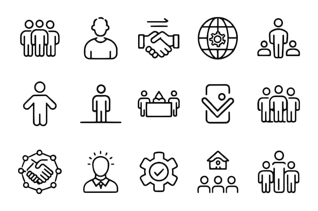 Iconos relacionados con la cooperación Minimalista Línea Negra 15pcs establecidos aislados en fondo blanco