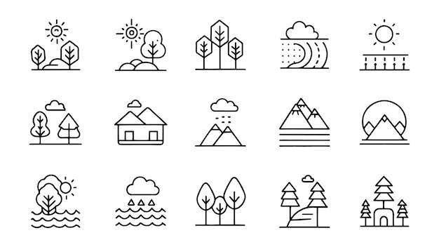 Iconos relacionados con el paisaje Minimalista Línea Negra 15pcs establecidos aislados en fondo blanco