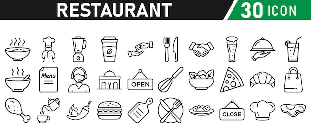 Iconos relacionados con restaurantes conjunto de iconos de vector delgado kit de vector en blanco y negro