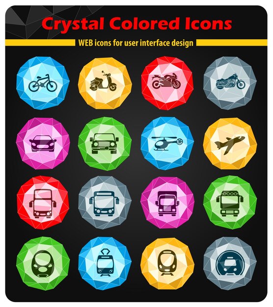 Iconos relacionados con vehículos y transporte en cristales de botones de colores brillantes