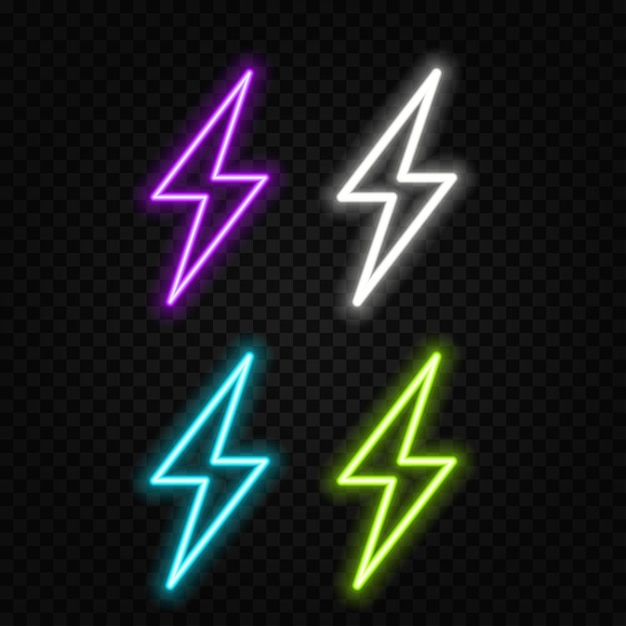 Iconos de relámpagos de neón flechas de colores y destellos emblemas de discotecas o discotecas versus señales vectoriales