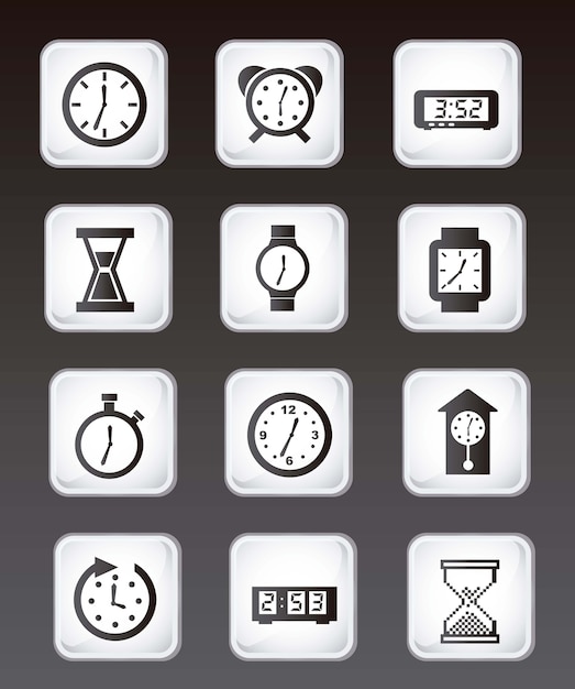 Iconos de reloj sobre fondo negro ilustración vectorial