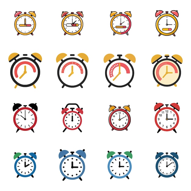 Iconos de relojes despertadores de paquete de tiempo en diseño plano