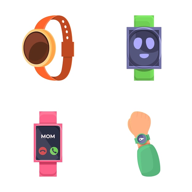 Iconos de relojes de muñeca con vector de dibujos animados Varios relojes con pantalla digital