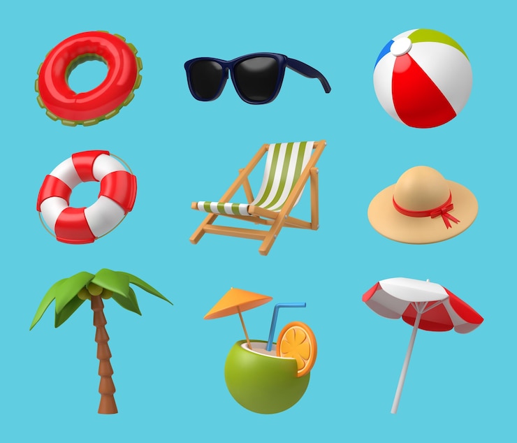 Vector iconos de renderización en 3d de playa de viaje conjunto vectorial de elementos realistas de verano