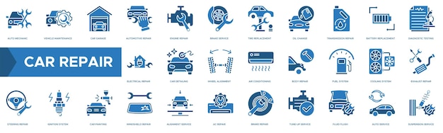 Iconos de reparación de automóviles Mecánico de automóviles Mantenimiento de vehículos Garage de automóviles Reparación de motores Reparación